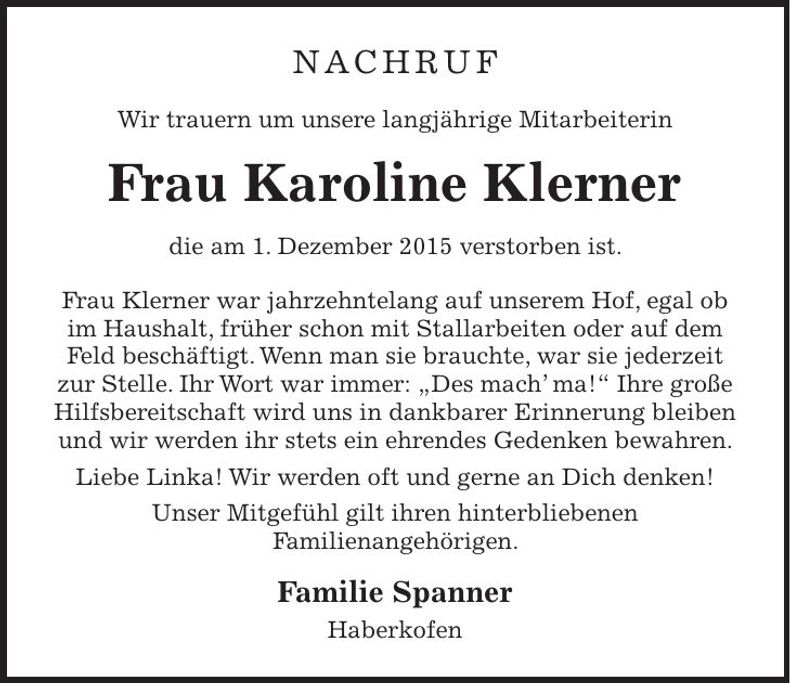 Traueranzeige Karoline Klerner