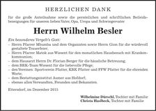 Traueranzeige Wilhelm Besler