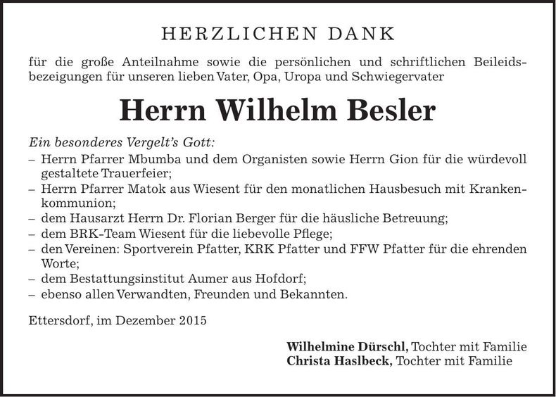 Traueranzeige Wilhelm Besler