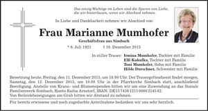 Traueranzeige Marianne Mumhofer