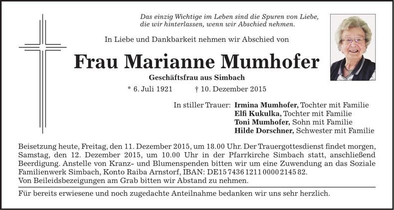 Traueranzeige Marianne Mumhofer