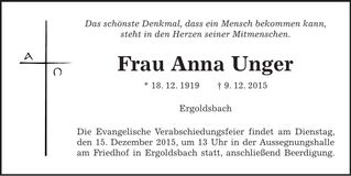 Traueranzeige Anna Unger