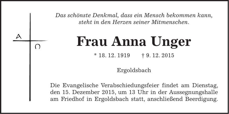 Traueranzeige Anna Unger