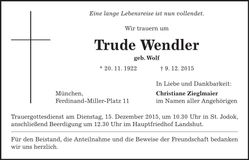 Traueranzeige Trude Wendler