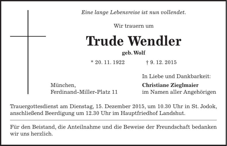 Traueranzeige Trude Wendler