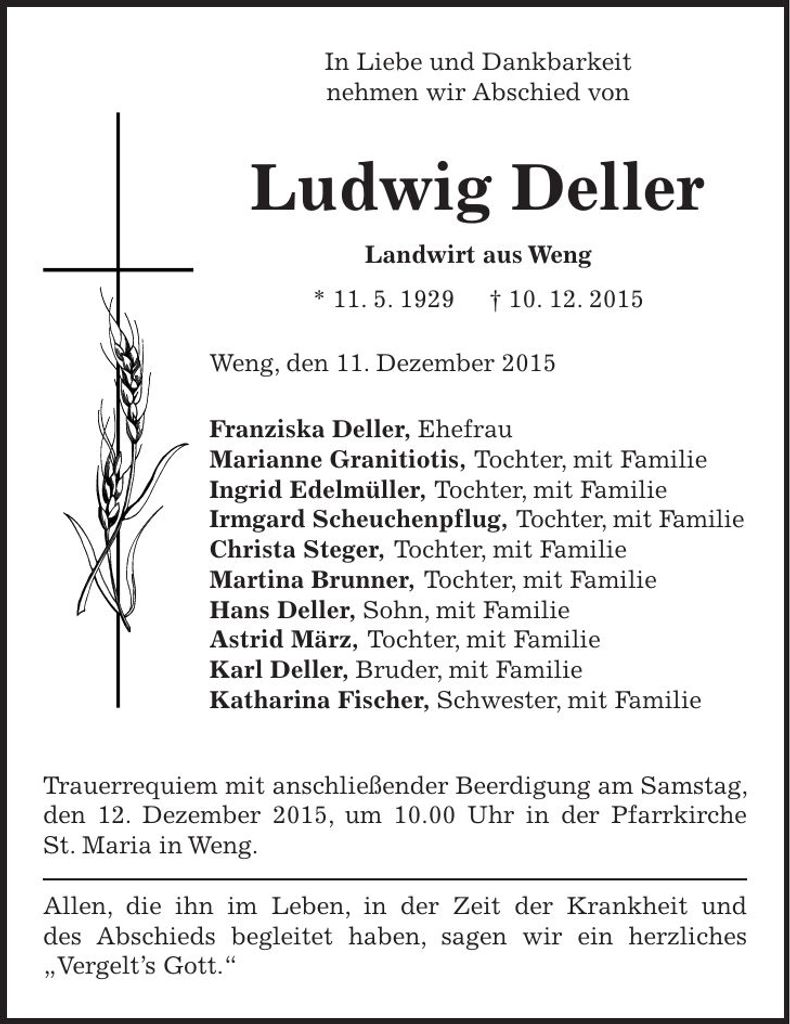 Traueranzeige Ludwig Deller