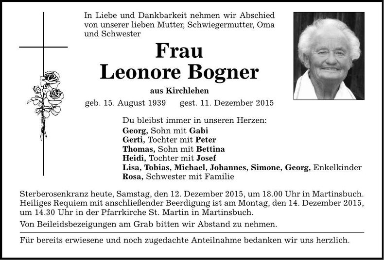 Traueranzeige Leonore Bogner