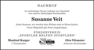 Traueranzeige Susanne Veit