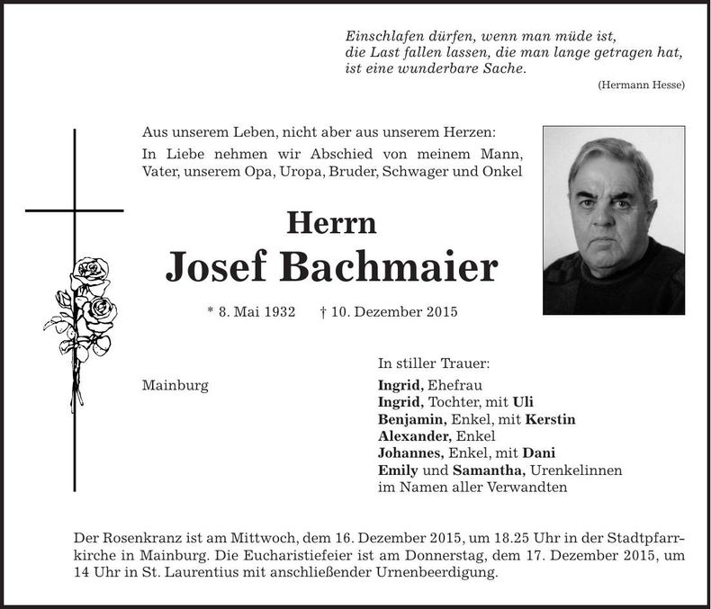Traueranzeige Josef Bachmaier