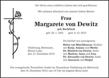 Traueranzeige Margarete Dewitz von
