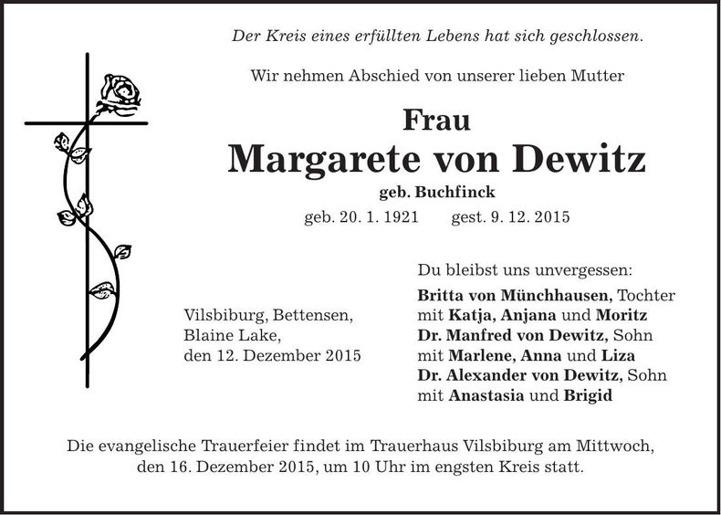 Traueranzeige Margarete Dewitz von