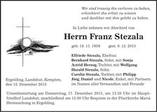 Traueranzeige Franz Stezala