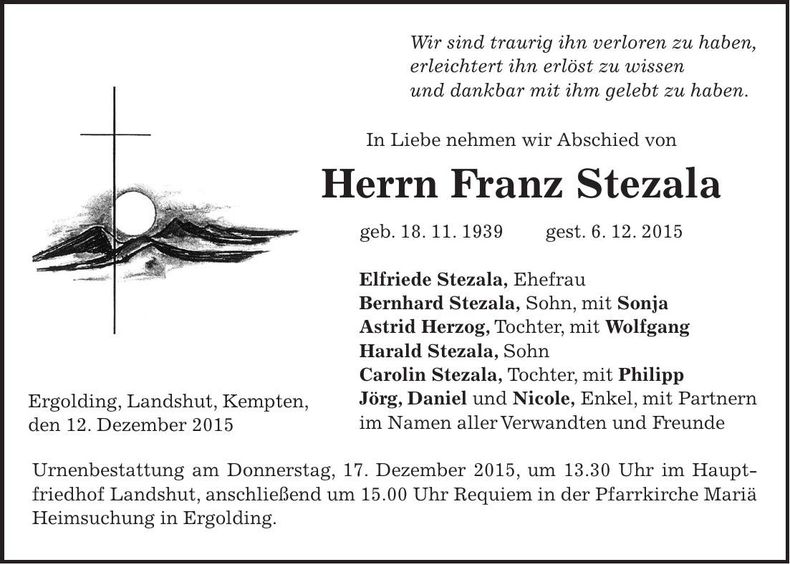 Traueranzeige Franz Stezala