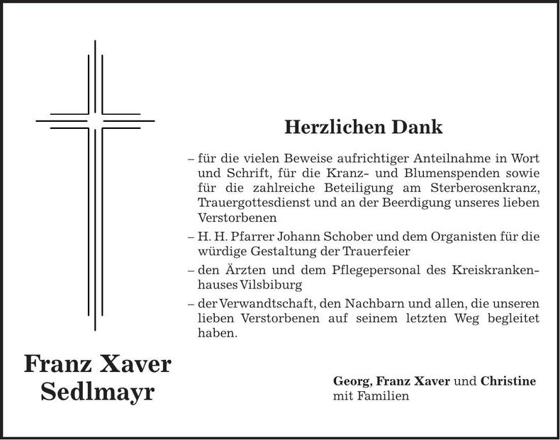 Traueranzeige Franz Xaver Sedlmayr