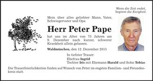 Traueranzeige Peter Pape