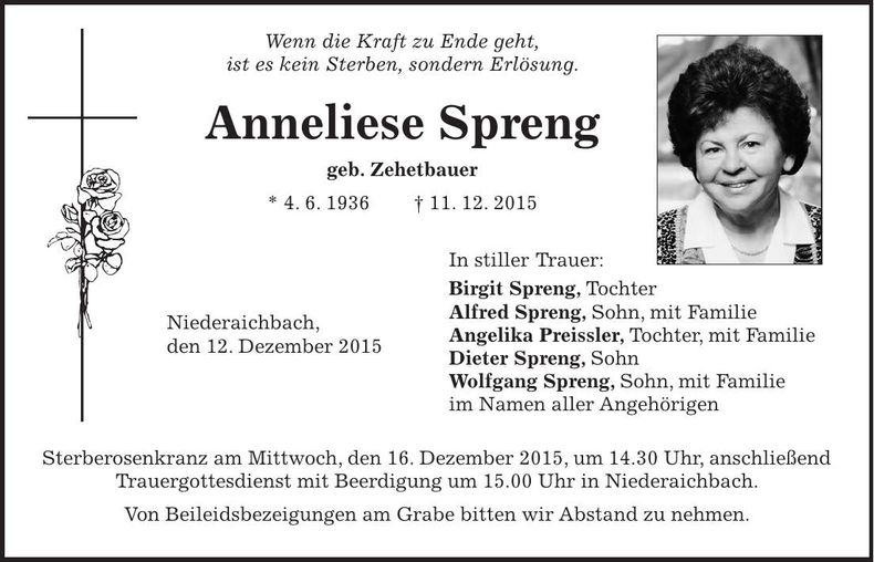 Traueranzeige Anneliese Spreng