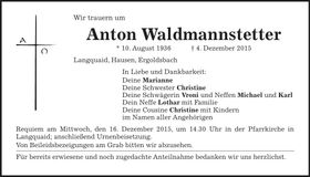 Traueranzeige Anton Waldmannstetter