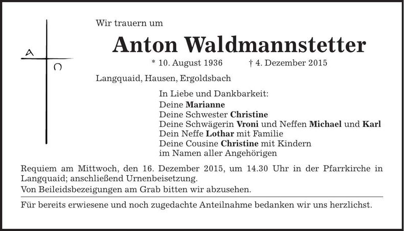 Traueranzeige Anton Waldmannstetter