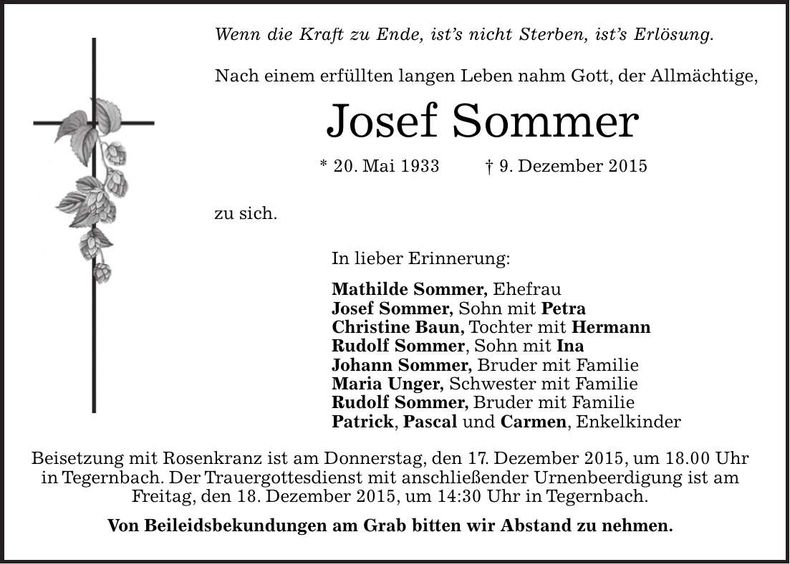 Traueranzeige Josef Sommer