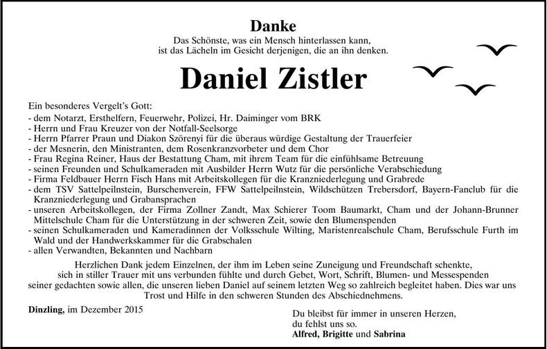 Traueranzeige Daniel Zistler