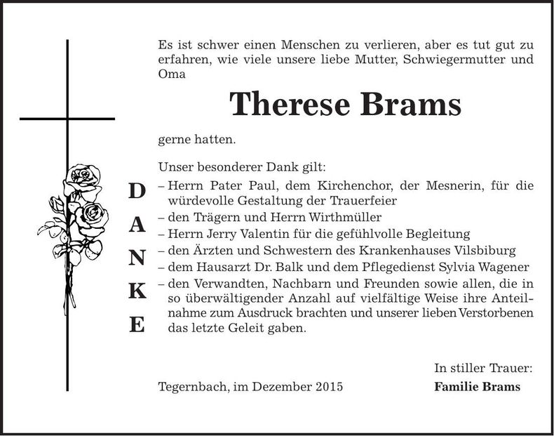 Traueranzeige Therese Brams