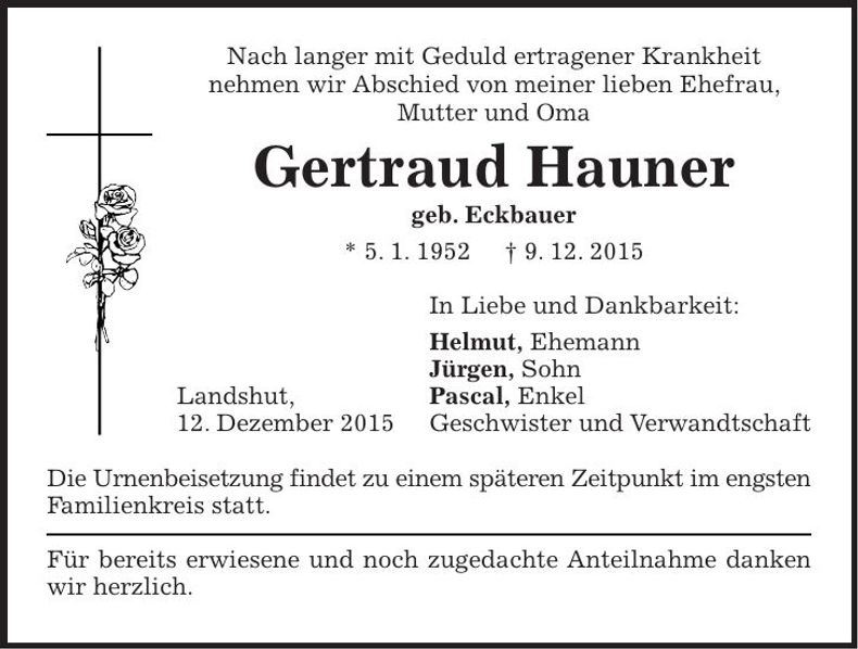 Traueranzeige Gertraud Hauner