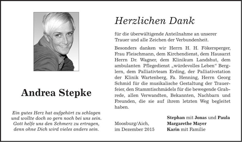 Traueranzeige Andrea Stepke