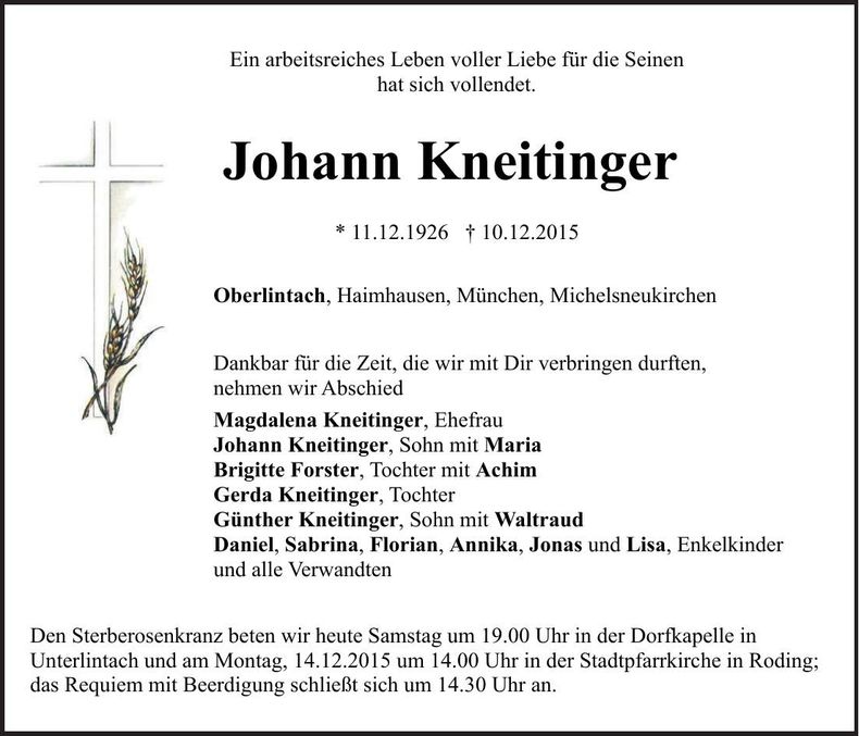 Traueranzeige Johann Kneitinger