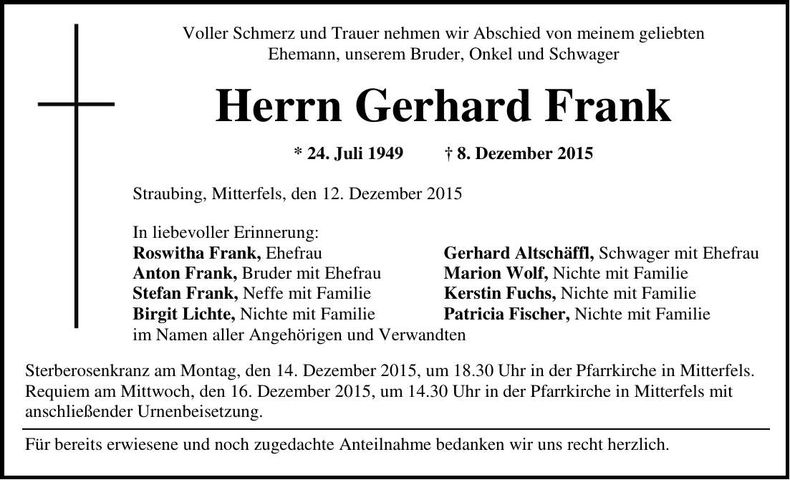 Traueranzeige Gerhard Frank
