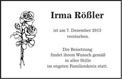 Traueranzeige Irma Rößler
