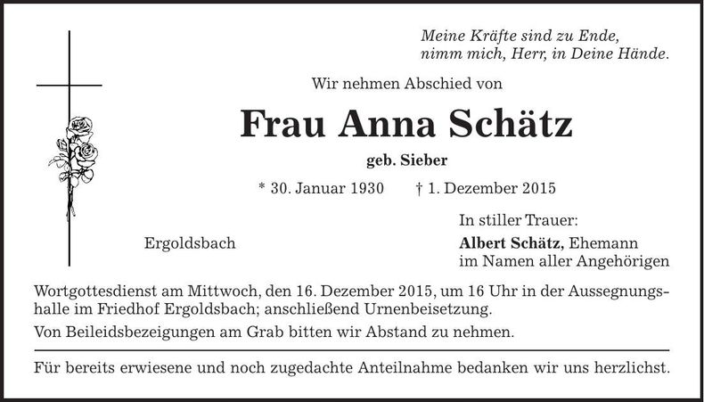 Traueranzeige Anna Schätz