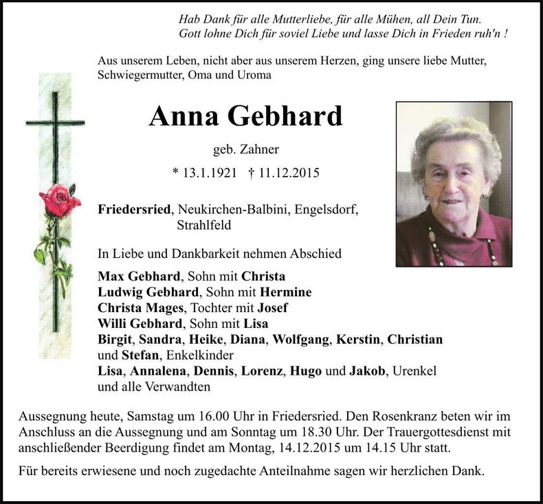 Traueranzeige Anna Gebhard