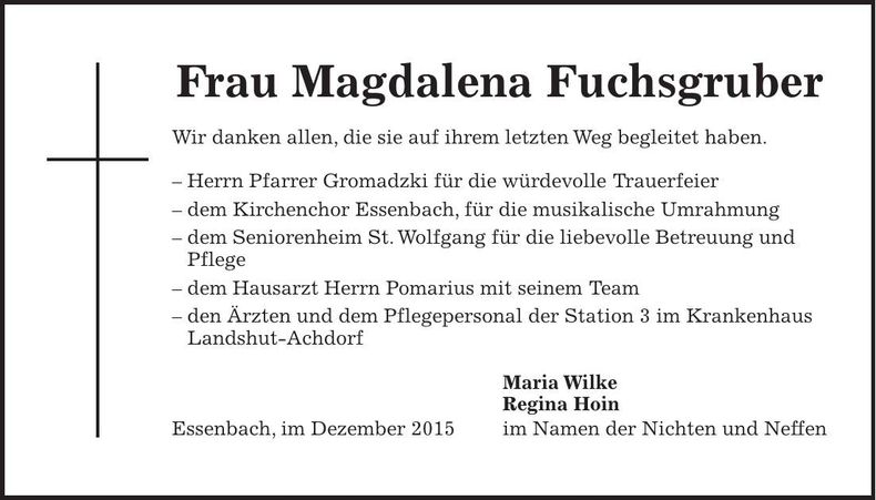 Traueranzeige Magdalena Fuchsgruber