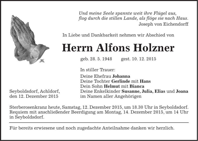Traueranzeige Alfons Holzner