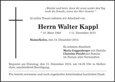 Traueranzeige Walter Kappl