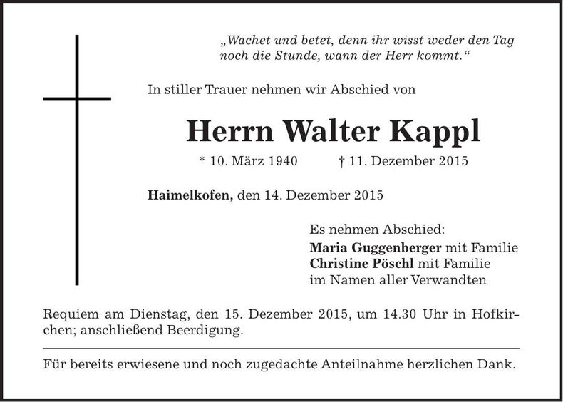 Traueranzeige Walter Kappl