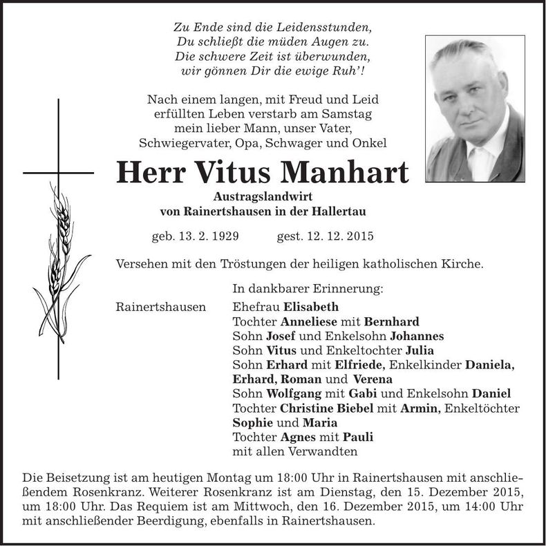 Traueranzeige Vitus Manhart