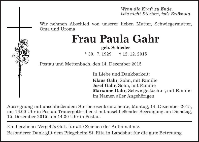 Traueranzeige Paula Gahr
