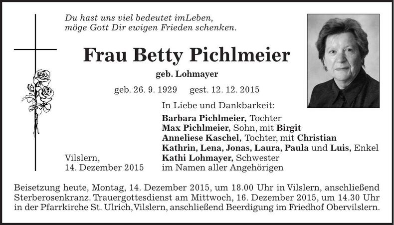 Traueranzeige Betty Pichlmeier