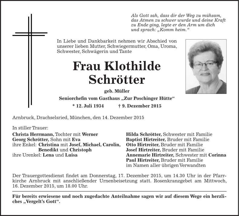 Traueranzeige Klothilde Schrötter