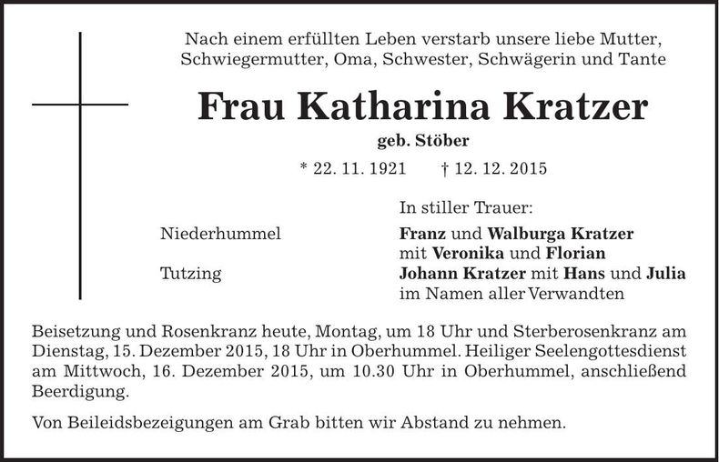 Traueranzeige Katharina Kratzer