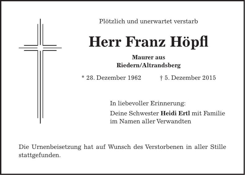 Traueranzeige Franz Höpfl