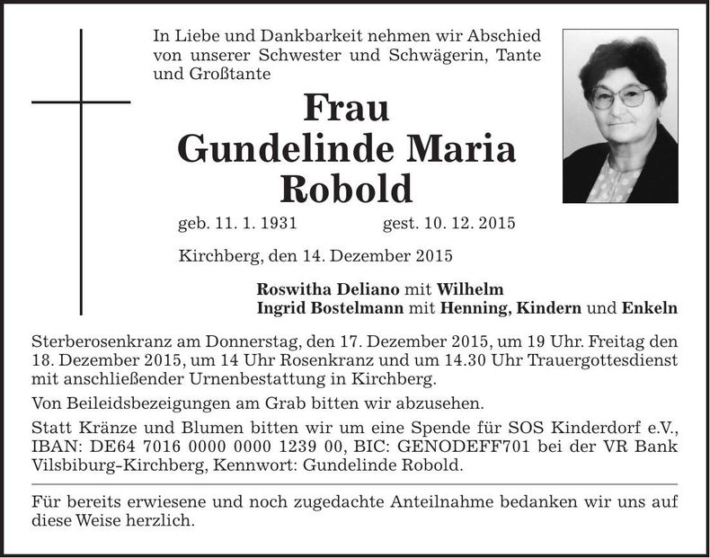 Traueranzeige Gundelinde Maria Robold