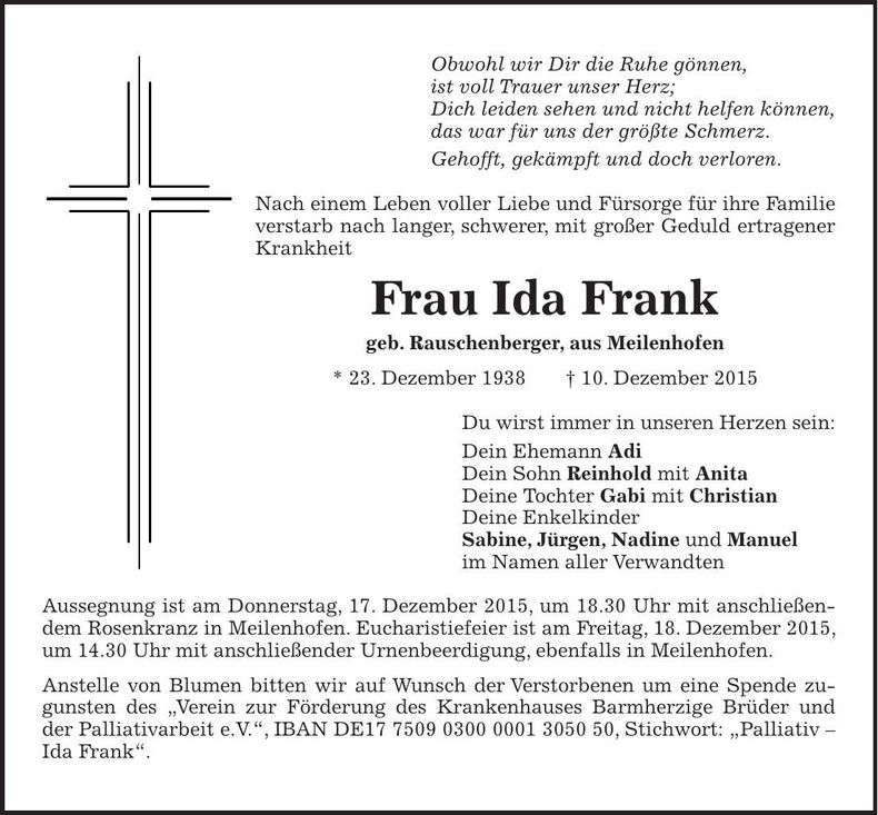 Traueranzeige Ida Frank
