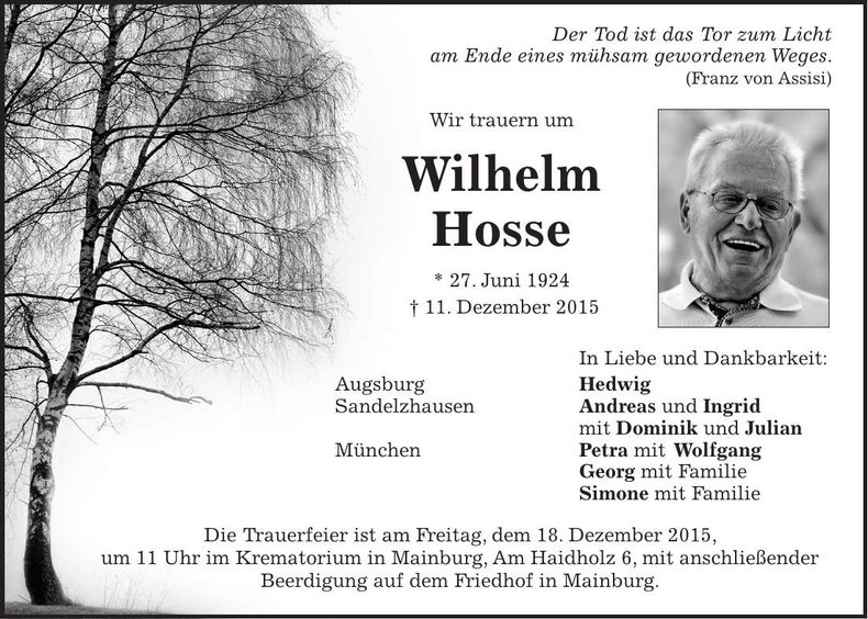 Traueranzeige Wilhelm Hosse