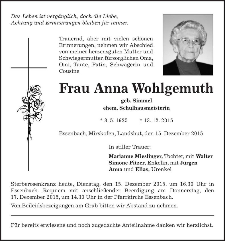 Traueranzeige Anna Wohlgemuth