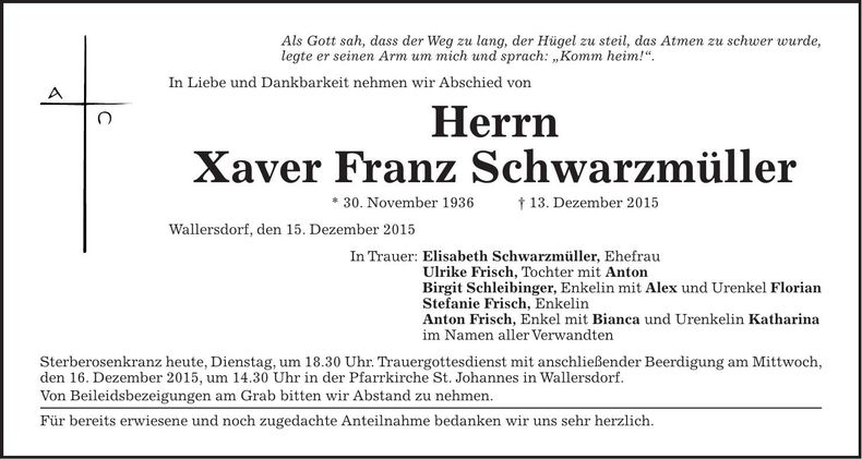 Traueranzeige Xaver Franz Schwarzmüller
