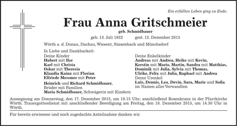 Traueranzeige Anna Gritschmeier