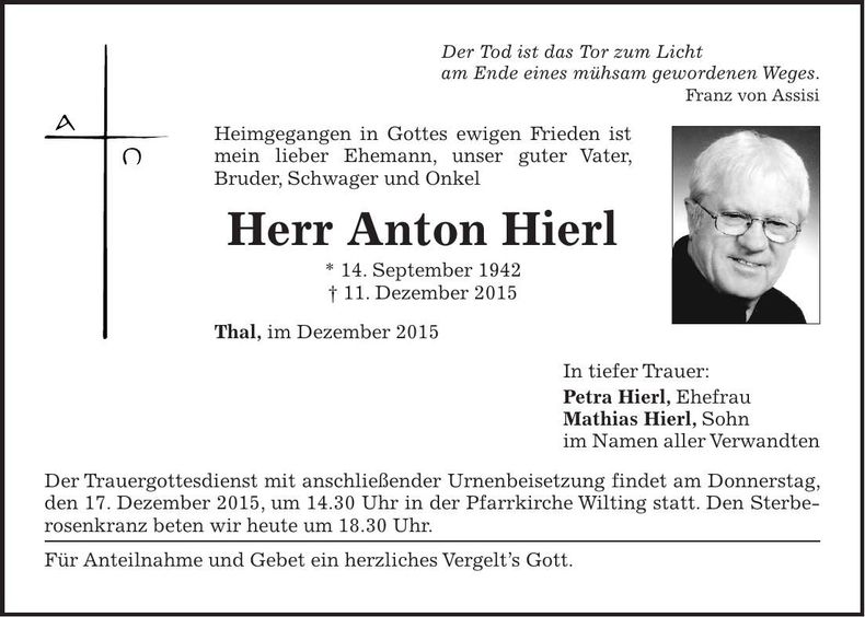 Traueranzeige Anton Hierl