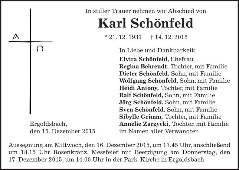 Traueranzeige Karl Schönfeld